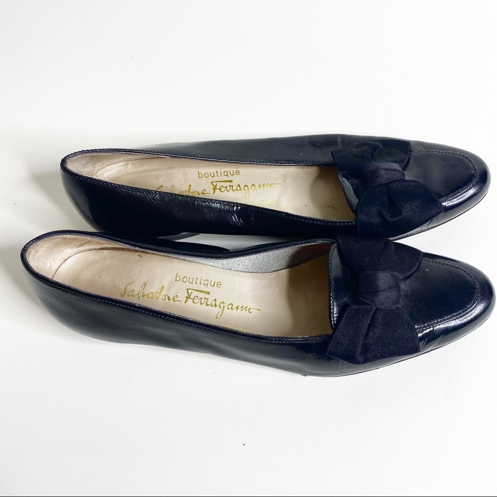 Salvatore Ferragamo black patent leather bow flats